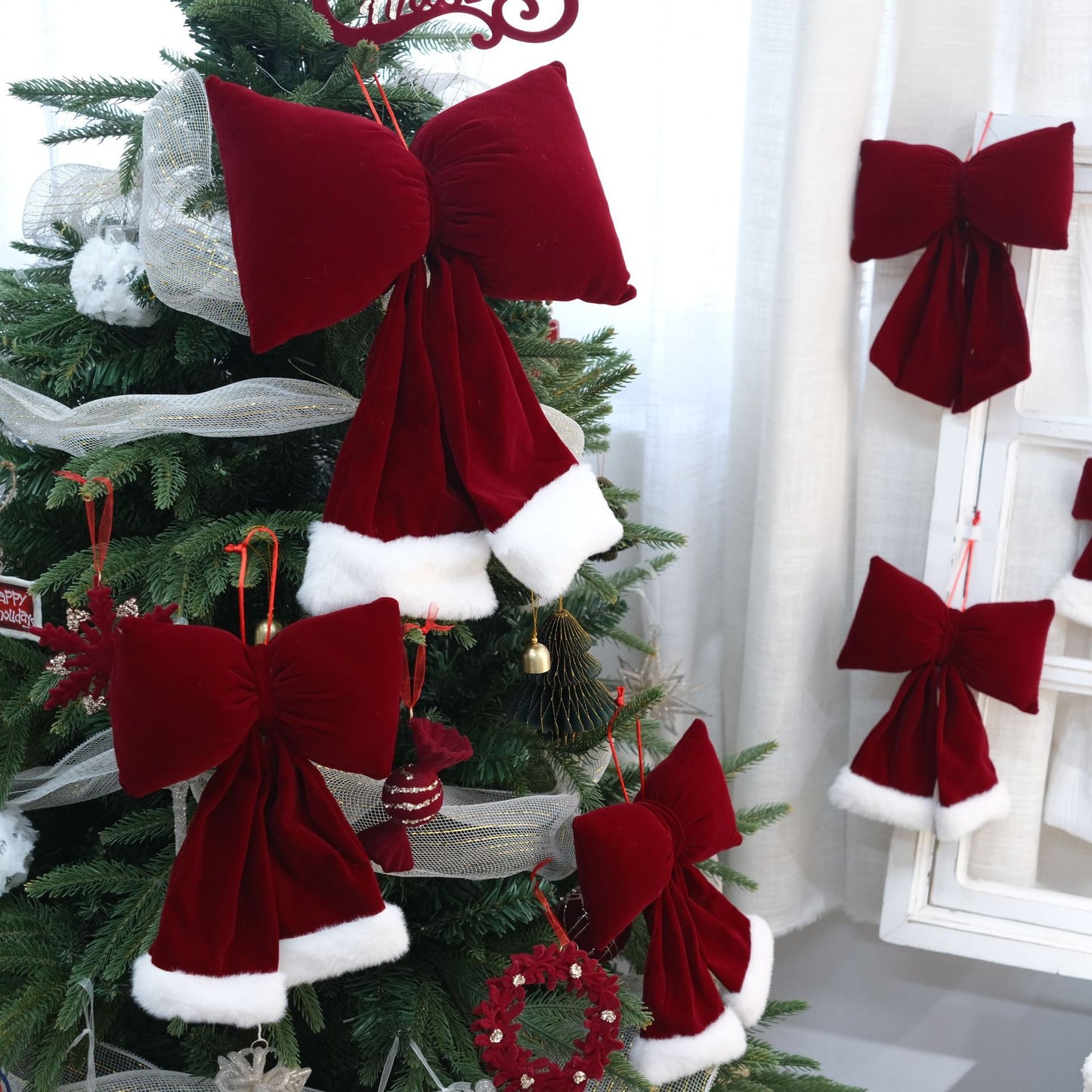 Christmas decoration red velvet bow Christmas tree burgundy pendant three-dimensional large decorative bow